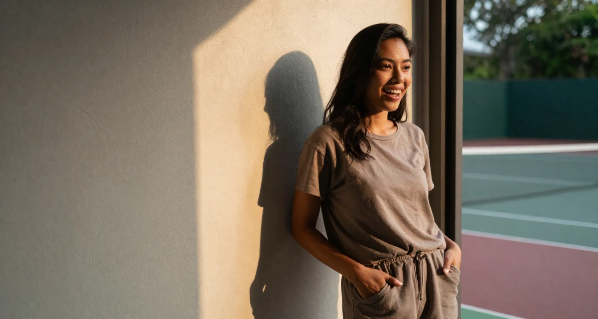 A enthusiastic Female From Chiang Mai Thailand, majored in creative writing in their 49, celebrating the beauty of imperfection, wearing a muted earth-tone clothing set, sliding a hand into a pocket in a tennis court.