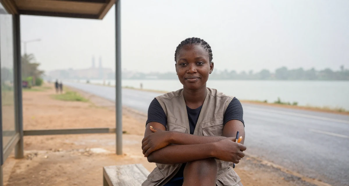 A gently amused Female From Nigeria, studied biomedical science in their 28, feeling a renewed sense of ambition, wearing a urban explorer utility vest look, holding a pen in a bus stop in the rain.