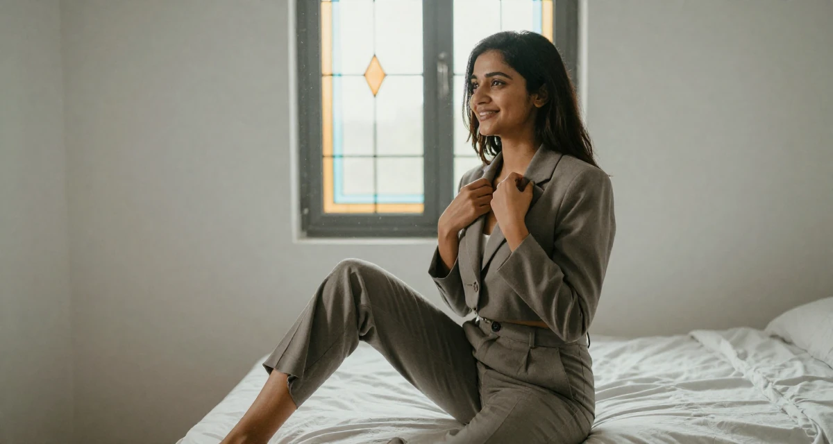 A positive Female From Bangalore India, holds a degree in software engineering in their 23, learning to rebuild after severe drops in engagement, wearing a cropped blazer and high-waisted trousers set, adjusting a collar in a minimalist bedroom.