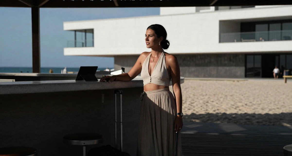 A composed Female Previously a hotel receptionist, now a travel-inspired content creator in their 48, confident public speaker and thought leader, wearing a halter neck crop top and a flowing maxi skirt, polling a luggage handle in a beach bar.