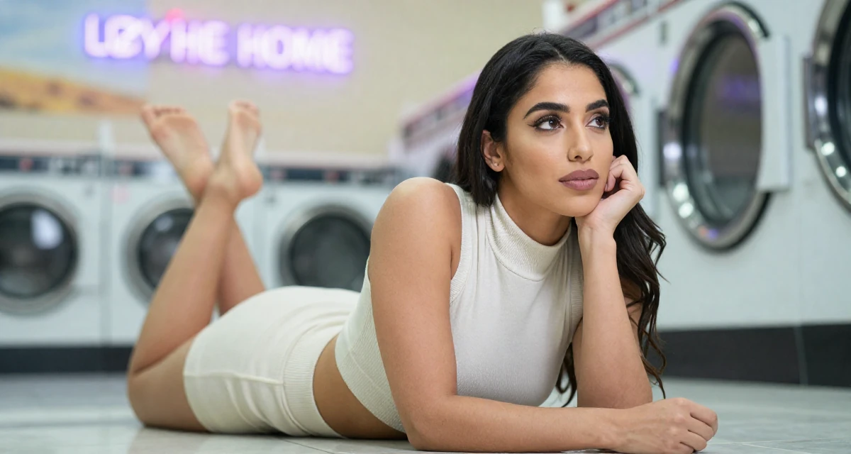 A reflective Female From Arabic-speaking world, studied business law in their 28, saving aggressively for first home, wearing a high-neck sleeveless crop top showing toned arms, leaning head on a hand in a laundromat with neon signs.