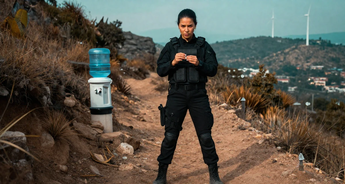 A teasing Female From Mexico City Mexico, learned expressive movement through Latin dance in their 31, sharing tips on modern urban gardening, wearing a special forces tactical suit in matte black, inspecting fingernails in a mountain trail.