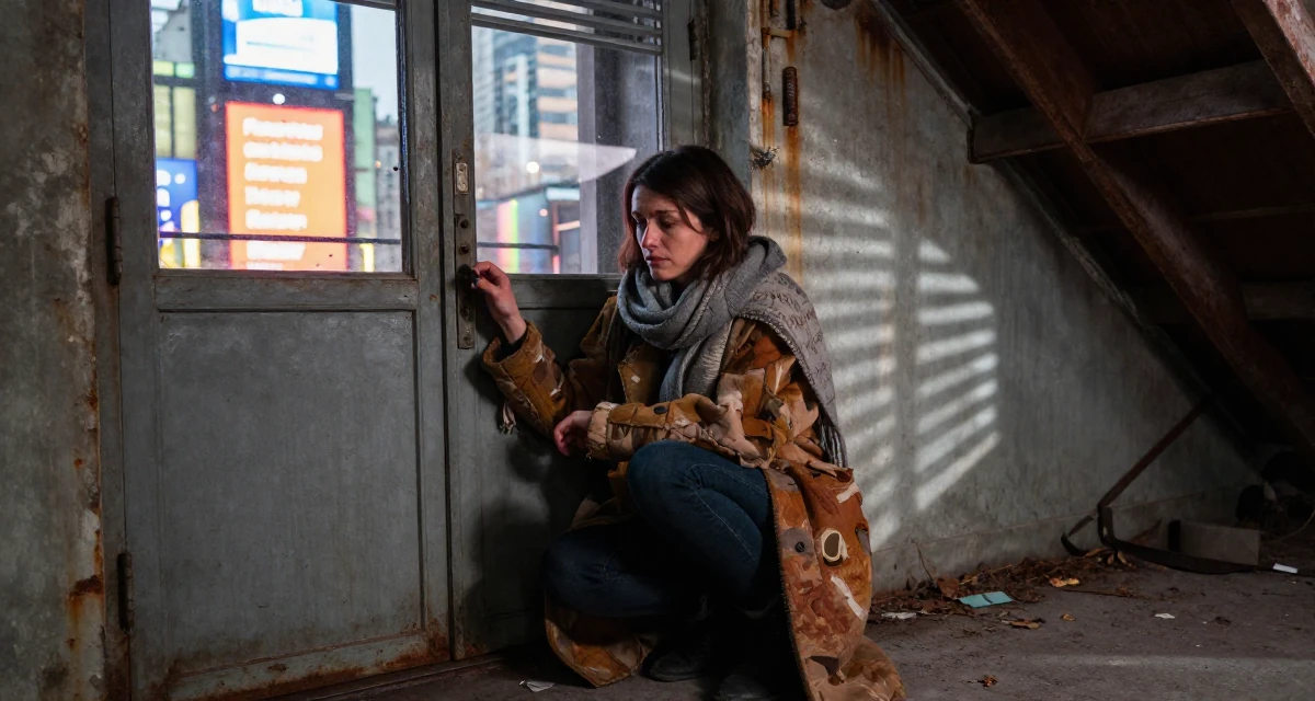 A sorrowful Female From Bulgaria, based in Varna, graduated from an arts college majoring in atmospheric performance aesthetics in their 25, deciding to start a business or bold project, wearing a layered autumn coat and scarf, opening a door in a attic room.