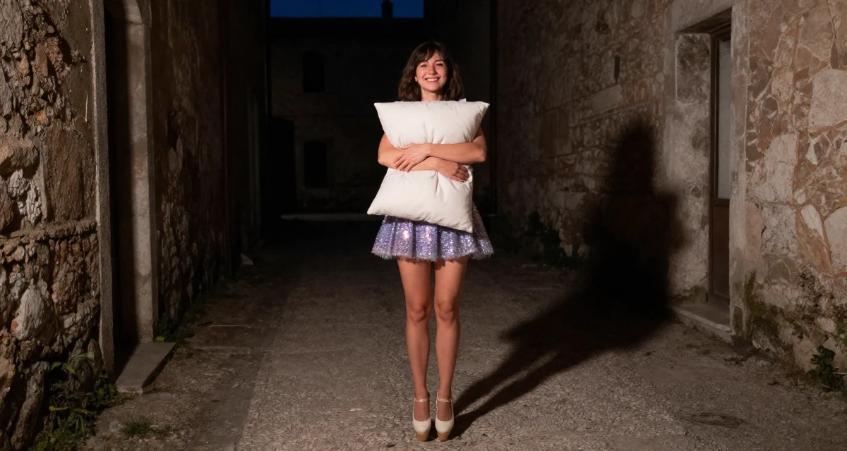 A hopeful Female From Italy, studied product design in their 22, sacrificing weekends for content planning, wearing a magical girl anime costume with a sparkly short skirt, hugging a pillow or cushion in a quiet alleyway.