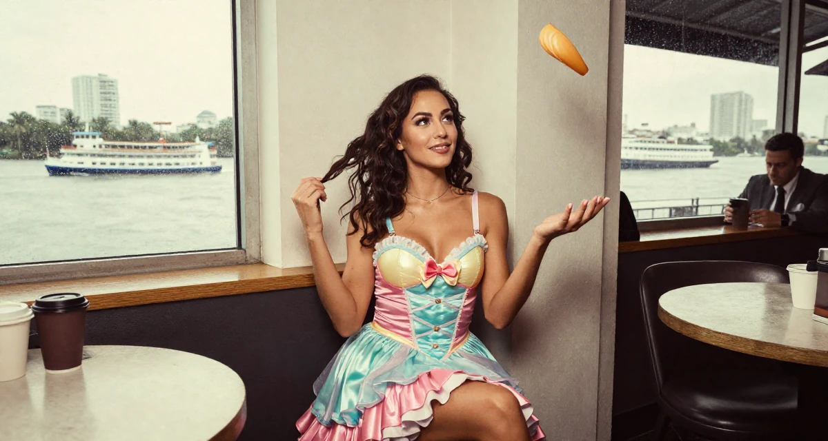 A optimistic Female From Miami USA, studied body aesthetics and bikini competition prep in their 24, juggling edits, shoots, and a boss who texts on weekends, wearing a candy-themed magical girl dress with pastel colors, fixing a loose strand of hair in a rainy window seat.