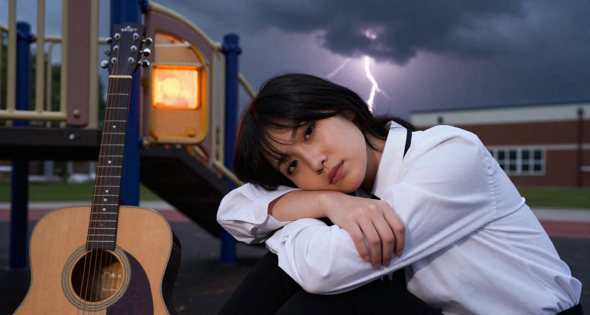 A settled Female From Toronto Canada, self-taught in boudoir lighting and set styling in their 20, exploring identity through bold fashion choices, wearing a white shirt with a black ribbon tie, waiting for a light to change in a school playground.