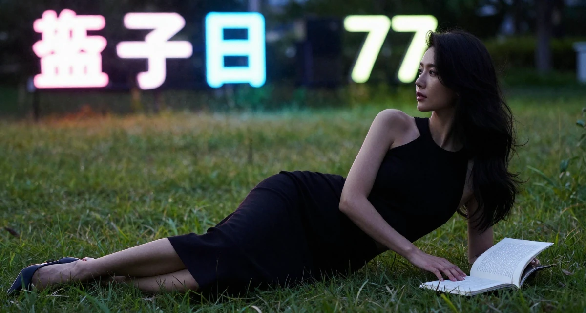 A aloof Female From Seoul South Korea, studied K-style beauty and content editing in their 47, solo traveler exploring the world in luxury, wearing a fitted midi dress with a cutout at the waist, turning a page in a grassy field.