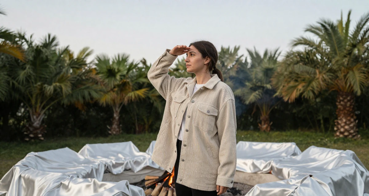 A relaxed and observant Female From Uzbekistan, majored in information systems in their 25, shaping long-term career direction, wearing a soft texture corduroy jacket, shading eyes with a hand in a campfire circle.