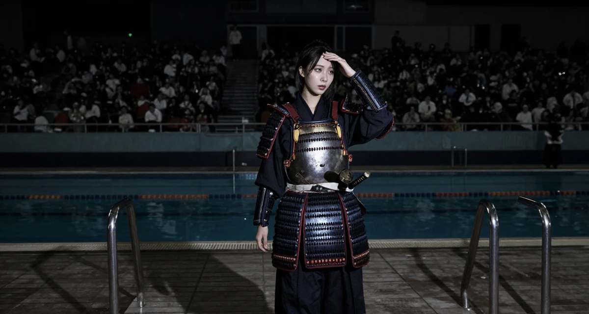 A thoughtful Female From South Korea, has a background in cosmetics chemistry in their 22, building fans who appreciate charm over shock, wearing a samurai armor set with a katana at the waist, resting a hand on the forehead in a swimming pool deck.