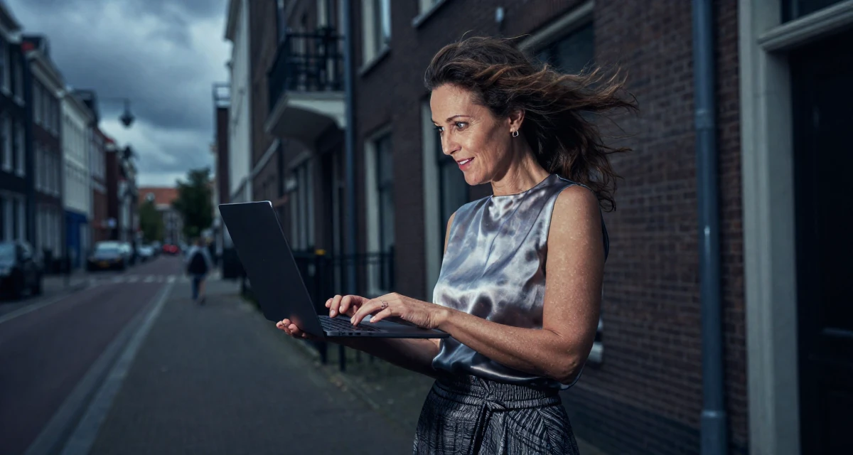 A playful Female From Netherlands, has a background in logistics in their 50, exploring semi-retirement options, wearing a sleeveless silk top and a high-waisted skirt, typing on a laptop in a city sidewalk.
