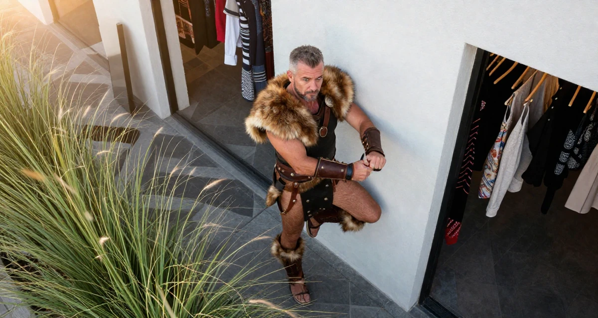 A seriously concentrated male From Las Vegas USA, learned burlesque performance and crowd engagement in their 22, seeking mentorship from older colleagues, wearing a barbarian warrior outfit with faux fur and leather, adjusting sleeves in a clothing boutique.