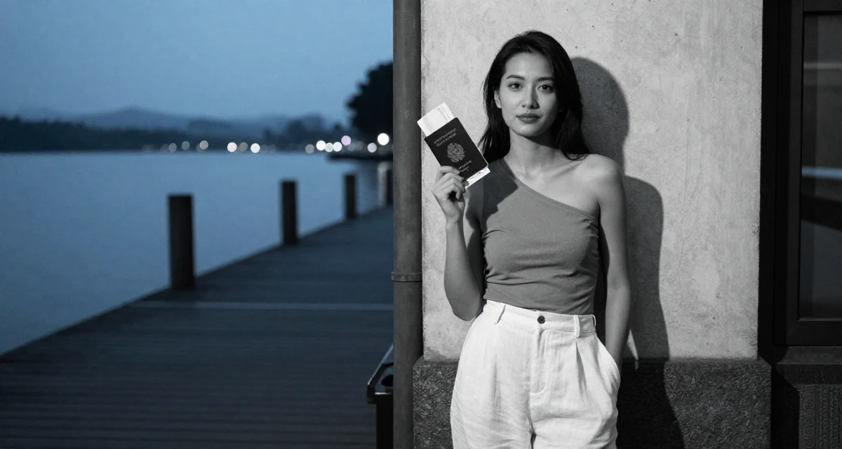 A calm and confident Female Once a geography teacher, now producing warm travel-inspired content in their 23, building content while fighting the urge to quit every week, wearing a one-shoulder fitted top and white linen trousers, holding a passport or ticket in a serene lakeside dock.