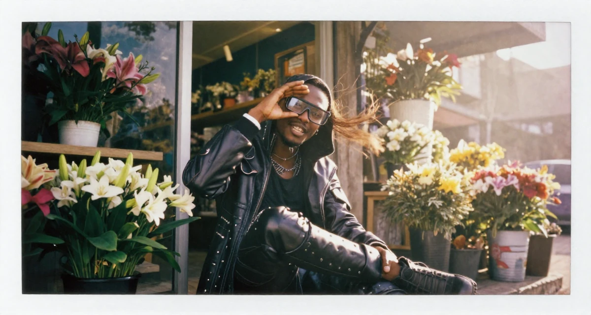 A playful male From Abuja Nigeria, studied public administration in their 28, new to financial independence, wearing a cyberpunk hacker outfit with oversized tech glasses, shielding face from the wind in a flower shop entrance.