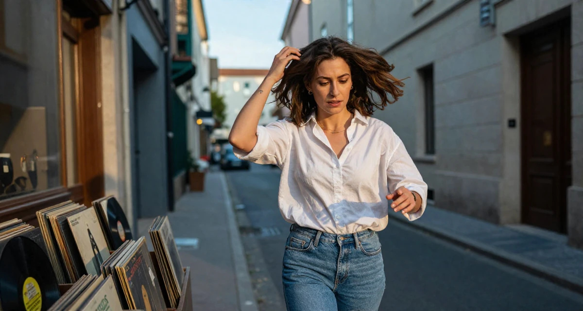 A engrossed Female Born in Kenya, majored in mathematics education in their 23, investing more time in self-marketing, wearing a effortless white blouse and jeans, pausing mid-step in a quaint European street.