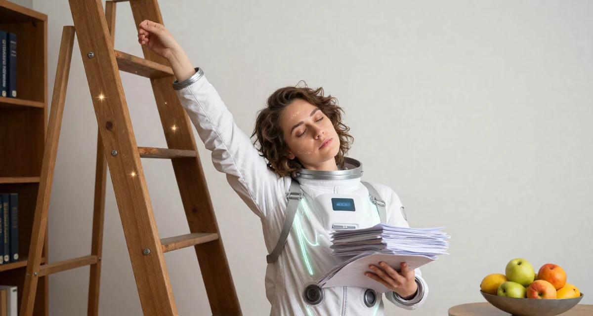 A tired Female From the Netherlands, based in Utrecht, graduated from a creative academy majoring in UX design in their 23, learning that creativity doesn’t pay rent—consistency does, wearing a futuristic space pilot plugsuit with glowing lines, carrying a stack of documents in a old library with wooden ladders.