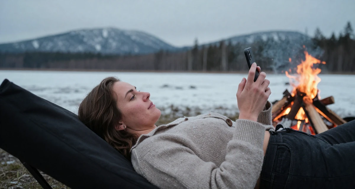 A commanding Female From Finland, majored in educational psychology in their 48, documenting the process of writing a memoir, wearing a cropped cardigan with only one button fastened, checking a phone in a campfire circle.