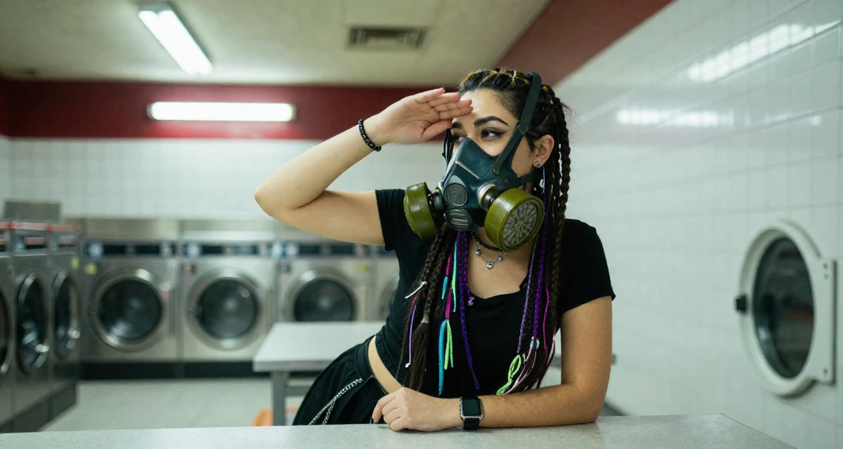 A placid Female From UAE, studied business administration in their 24, glowing with the confidence of experience, wearing a cyber-goth outfit with gas mask and neon dreads, shading eyes with a hand in a laundromat.