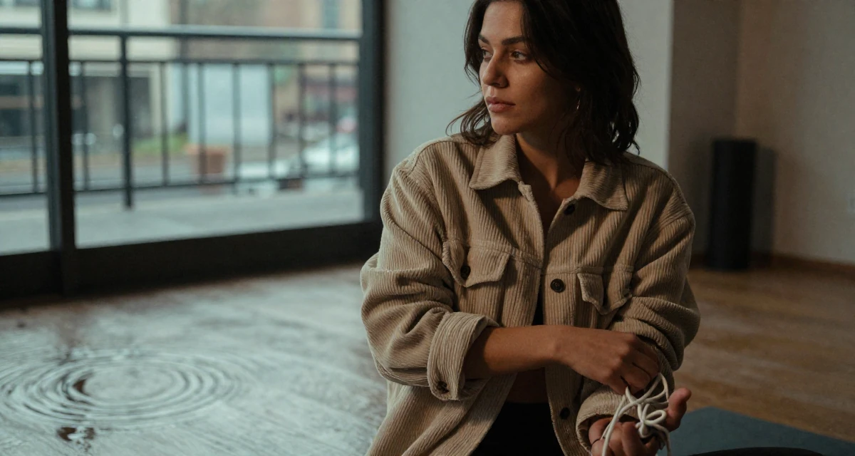 A relaxed and observant Female Previously a bartender, now expressing nightlife energy through content in their 22, building a seductive aesthetic while protecting privacy, wearing a soft texture corduroy jacket, tying a shoelace in a yoga studio.