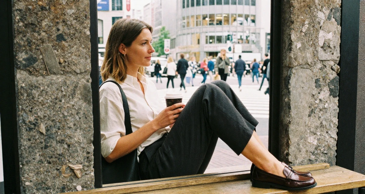 A thoughtfully silent Female From the Netherlands, based in Utrecht, graduated from a creative academy majoring in UX design in their 40, redefining style for the modern professional, wearing a polished loafer and trousers look, holding a coffee cup with both hands in a vanity mirror.