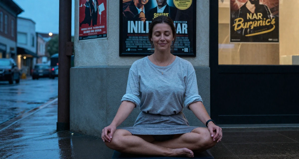 A smiling gently Female Once a warehouse picker, now building a creator brand from scratch in their 45, focusing on mental clarity and meditation, wearing a t-shirt dress with the sleeves rolled up, fixing the hem of a skirt in a rainy street corner.