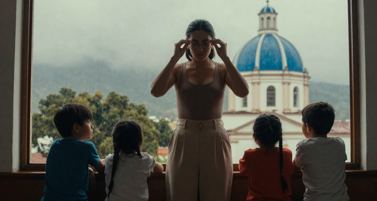 A seriously concentrated Female From Bolivia, based in Santa Cruz, graduated from a media academy majoring in creative strategy in their 45, helping kids apply for college and empty nesting, wearing a fitted bodysuit and wide-leg dress pants, pushing glasses up the nose in a rainy window seat.