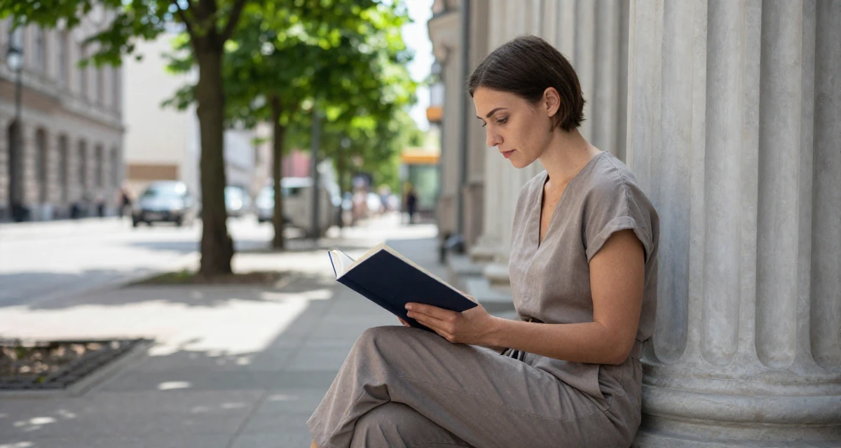 A timid Female From Aarhus Denmark, studied digital concept development in their 24, hitting creative block but needing income anyway, wearing a chic jumpsuit styling, reading a book intently in a urban street.