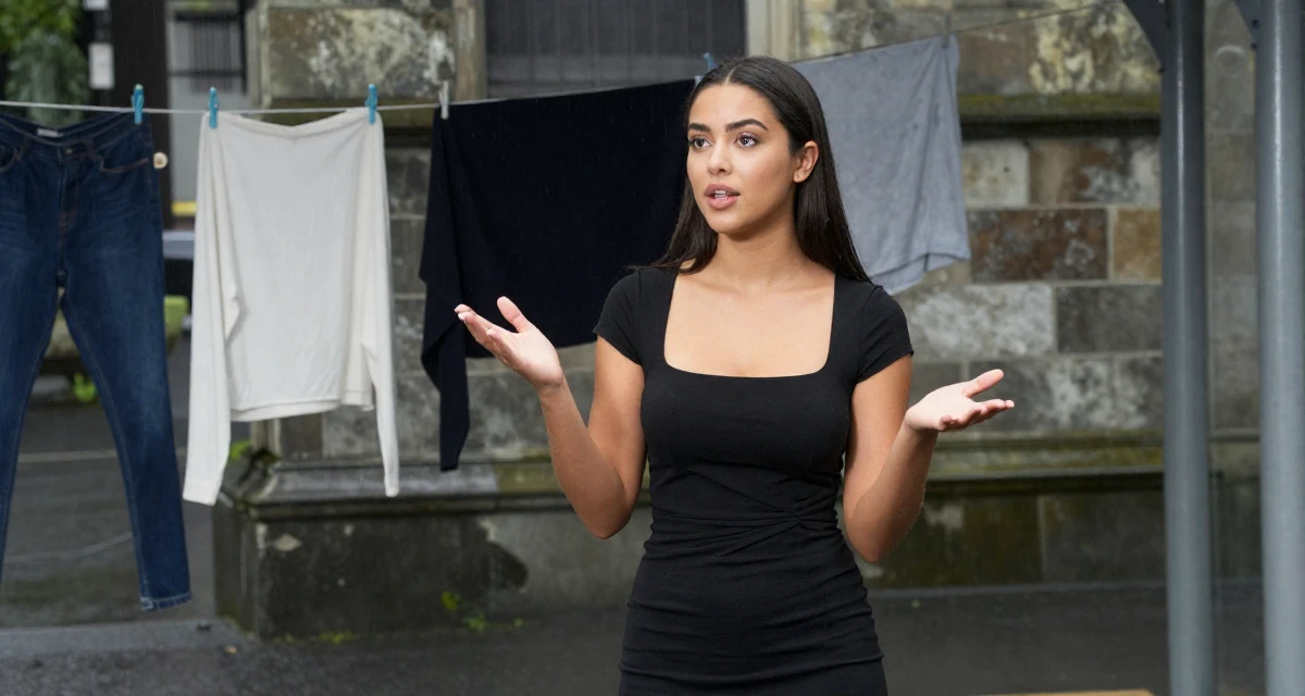 A lighthearted Female From New Zealand, based in Auckland, graduated from an arts college majoring in emotional performance art in their 22, missing the freedom of student days, wearing a fitted black dress with a square neckline, gesturing while talking in a bus stop in the rain.