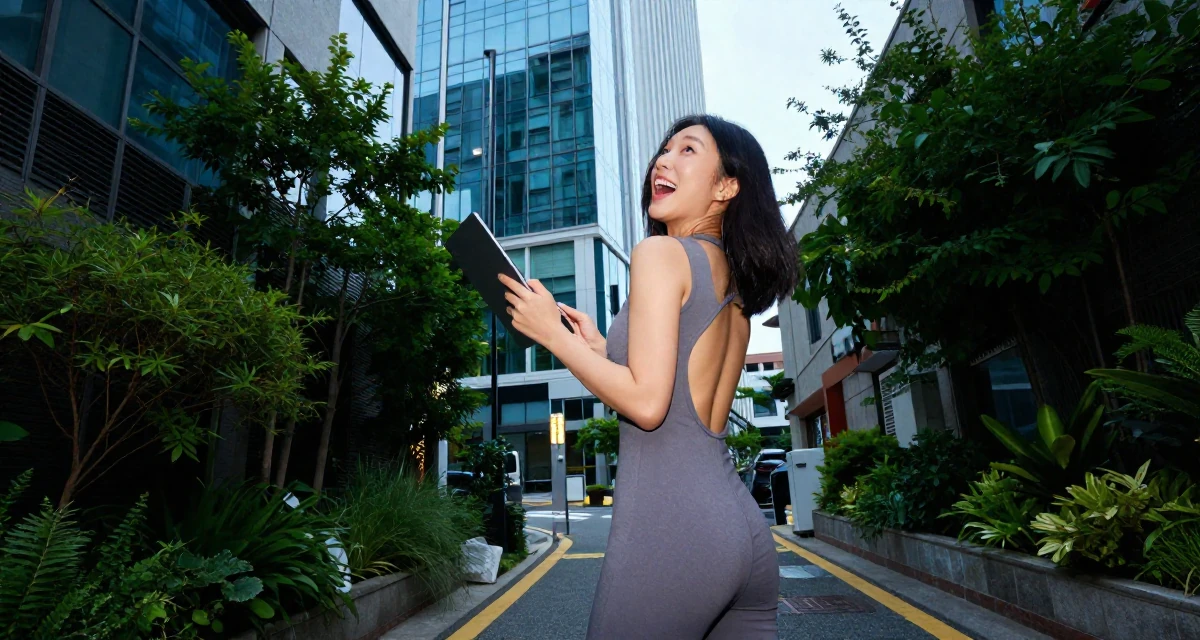 A ecstatic Female From Busan South Korea, majored in industrial design in their 22, exploring early career opportunities, wearing a fitted jumpsuit with an open back design, holding a tablet device in a neon-lit alleyway.