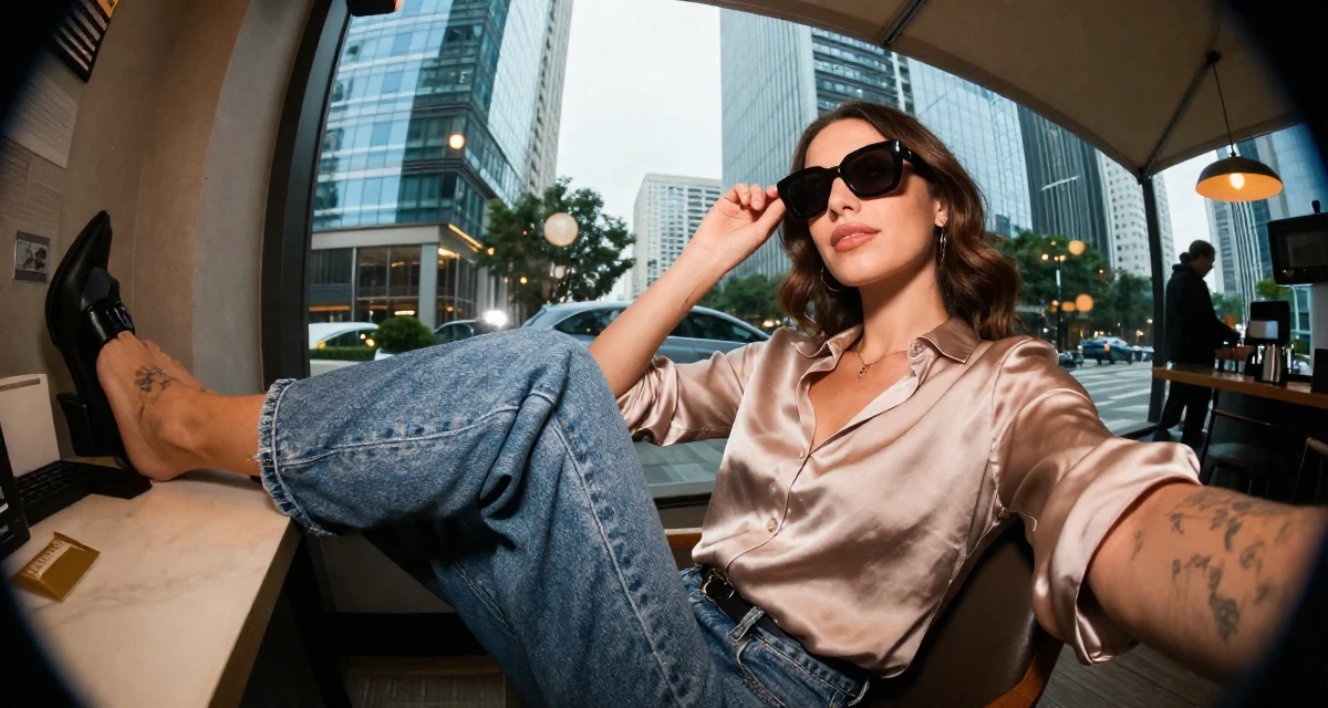 A romantic Female Once a tattoo shop cashier, now modeling body-art-centric content in their 40, celebrating professional mastery and confidence, wearing a soft silk blouse and jeans, putting on sunglasses in a trendy coffee shop.