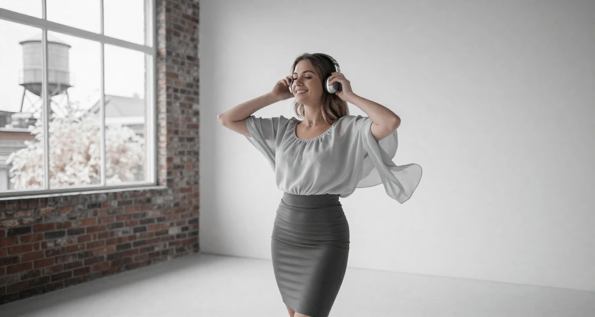 A relaxed and happy Female Once a biology lab intern, now crafting sensual science-themed content in their 25, forming independent opinions and values, wearing a tight pencil skirt and a loose chiffon top, adjusting headphones in a loft apartment with brick walls.