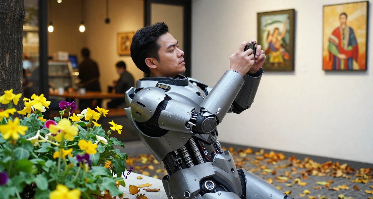 A hypnotic male From the Philippines, majored in mass media in their 42, sharing the reality of executive burnout, wearing a futuristic android body armor with exposed mechanical parts, taking a photo in a art gallery.