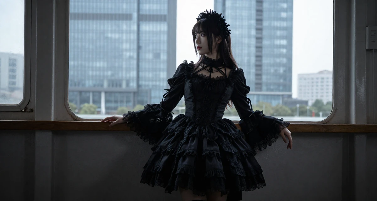 A dreamy Female Once a barista, now a full-time creator leaning into aesthetic storytelling in their 27, dealing with the pressure of peers getting married, wearing a elaborate gothic lolita dress with frills and lace, shivering slightly in a ferry deck.