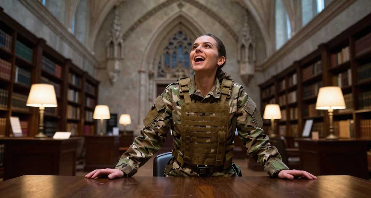 A ecstatic Female From Russia, studied psychology at a community college in their 25, exploring lifestyle options and boundaries, wearing a commando outfit with camouflage paint and tactical harness, resting hands on a table in a museum exhibit.