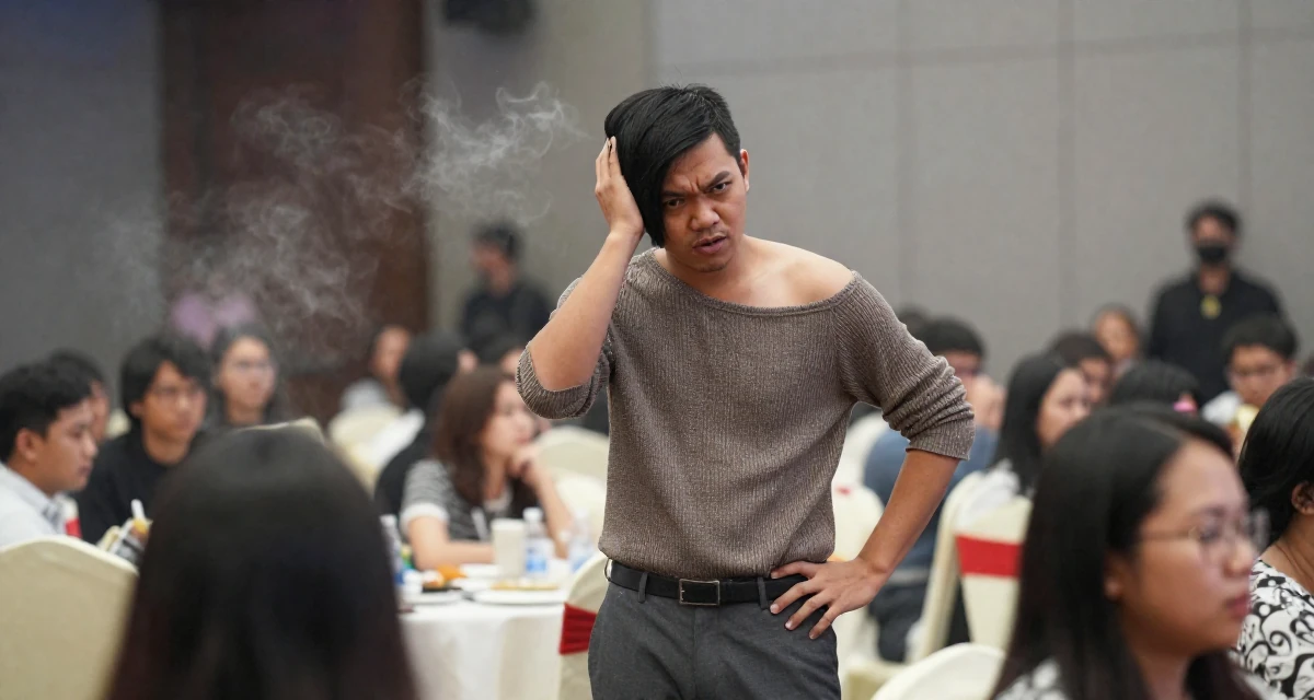 A defiant male From Indonesia, based in Surabaya, graduated from a creative academy majoring in multimedia arts in their 25, hiding early creator work from family and classmates, wearing a off-the-shoulder knit top and dress pants, brushing hair away from the face in a banquet hall.