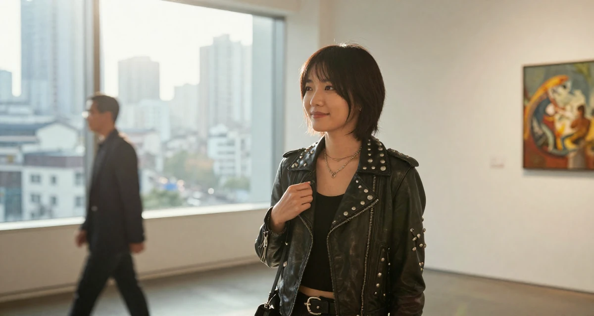 A gentle Female From China, based in Chengdu, graduated from a vocational college majoring in digital communication in their 41, sharing tips for staying relevant in tech, wearing a heavy metal rocker outfit with studs and leather, gripping a lapel in a art gallery hall.