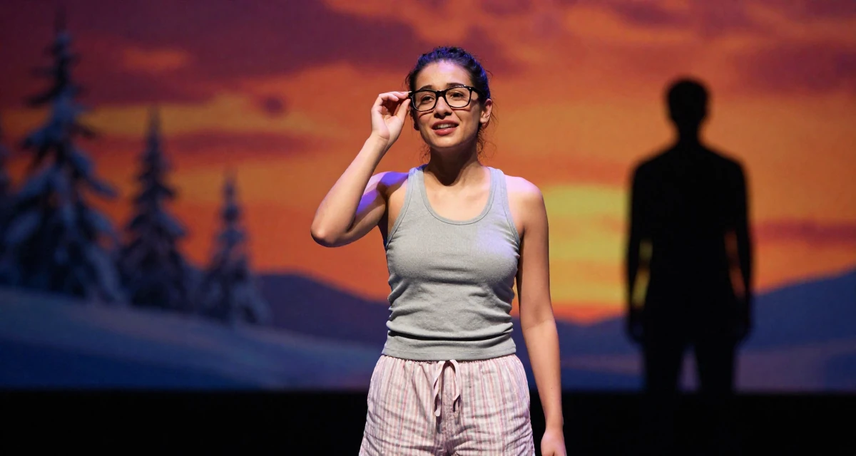 A warm and welcoming Female Born in Colombia, trained in audiovisual communication in their 23, seeking career clarity through trial and error, wearing a fitted racerback tank and pajama shorts, adjusting glasses in a theater stage.