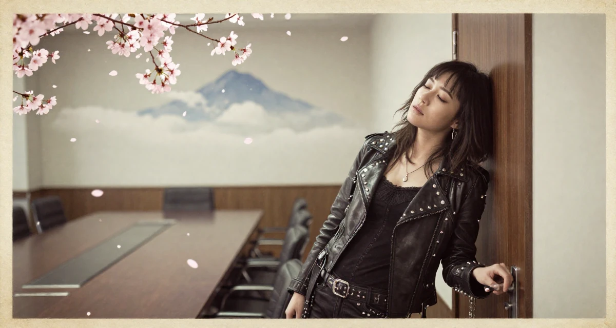 A enigmatic Female Once a university researcher, now creating slow-life intimate content in their 25, making peace with early awkward content, wearing a heavy metal rocker outfit with studs and leather, opening a door in a conference room.