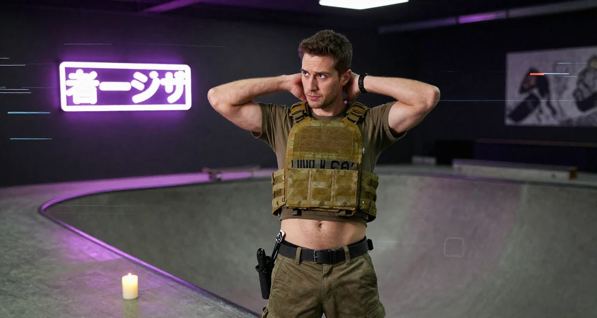 A curious and focused male From UK, has a background in english literature and theatre in their 22, confronting self-doubt in early career roles, wearing a tactical military gear with a cropped vest and cargo pants, stretching the neck in a skate park.