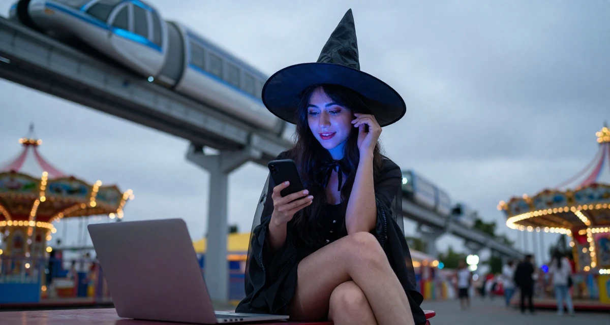 A charming Female From Chile, based in Santiago, graduated from a communication college majoring in aesthetic storytelling in their 21, seeking deeper connections beyond small talk, wearing a classic witch costume with a wide-brimmed hat, tucking hair behind an ear in a carnival with rides.