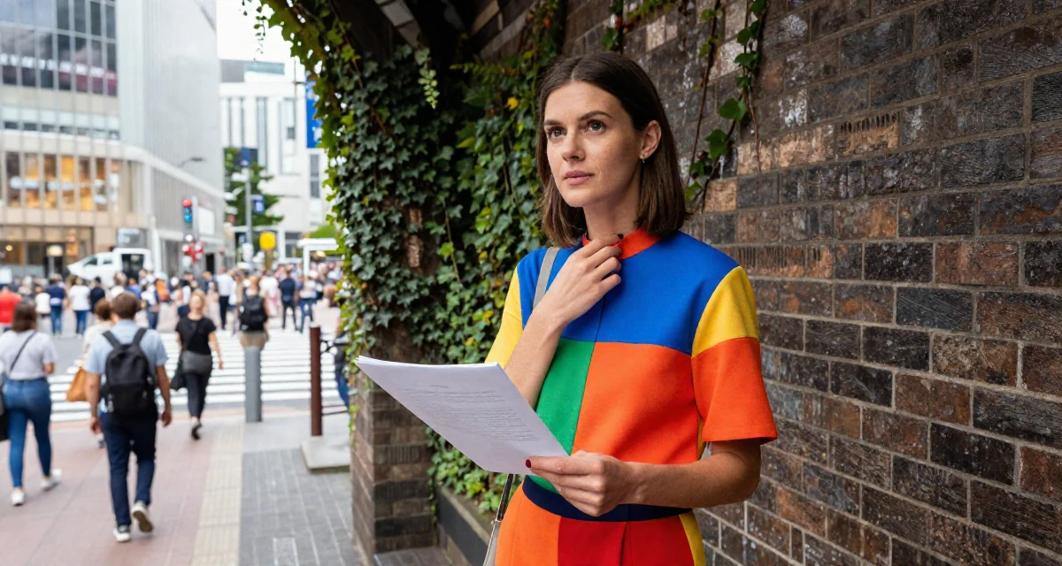 A curious Female Grew up in the Czech Republic, studied digital film production in their 35, creating plant-based recipes for families, wearing a bold color-block outfit, holding a piece of paper in a subway station.