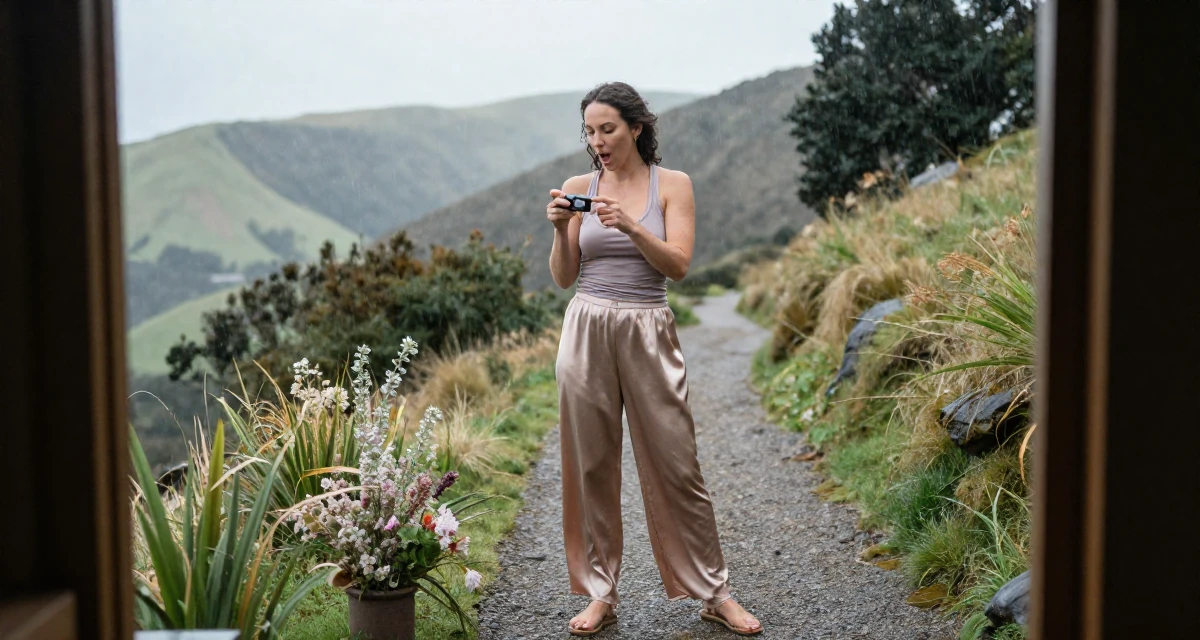 A playful Female From Auckland New Zealand, explored intimate photography as personal therapy in their 27, accepting that success requires endless reinvention, wearing a loose silk trousers and a fitted tank top, examining a product in a mountain trail.