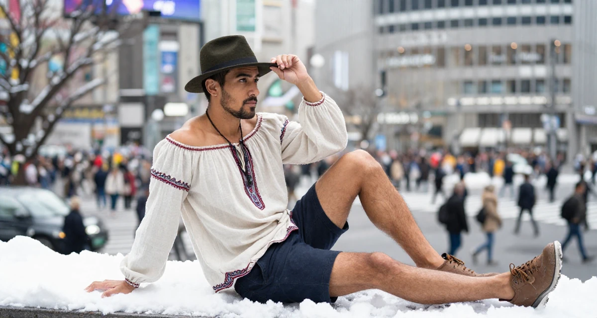 A observant male From USA, studied supply chain management in their 24, establishing a distinct professional reputation, wearing a boho style off-shoulder peasant top and shorts, adjusting a hat in a tv set.