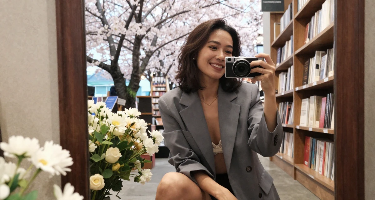 A observant Female From Thailand, majored in tourism in their 45, embracing the freedom of a child-free life, wearing a fitted blazer with nothing underneath but a lace bra (hinted), laughing softly in a bookstore aisle.
