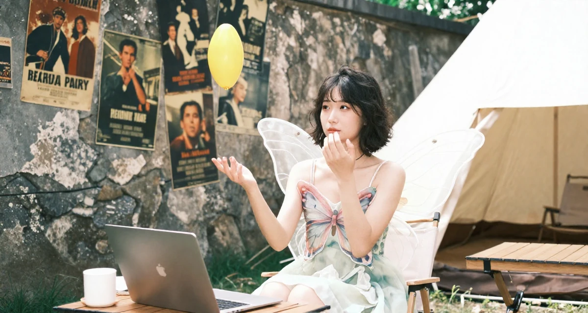 A lazy Female From Nanjing China, graduated with a finance major in their 26, juggling real-life chaos with online expectations, wearing a butterfly-themed fairy dress with large wings, biting the lower lip softly in a camping site.
