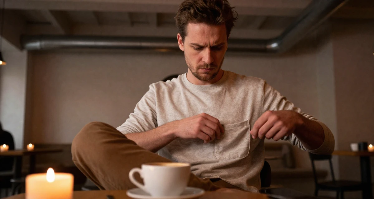 A arrogant male From Tampere Finland, learned intimate storytelling through slow-mode videography in their 22, sacrificing weekends for content planning, wearing a soft organic cotton clothing, reaching for a pocket in a trendy coffee shop.