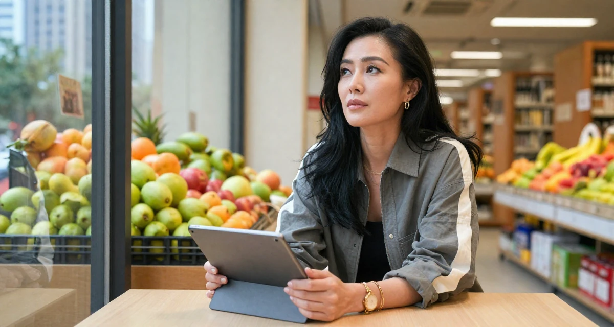 A carefree Female From Guangzhou China, studied international business in their 25, defining a mature, seductive but classy persona, wearing a relaxed streetwear, holding a tablet in a library aisle.