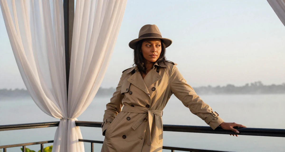 A self-assured Female Raised in Kenya, studied digital entrepreneurship in their 25, standing tall with newfound self-assurance, wearing a detective trench coat and fedora hat, leaning head on a hand in a sunny patio.