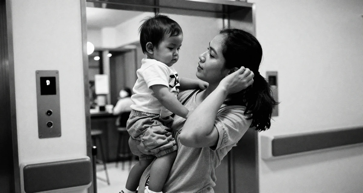 A relaxed and observant Female From Penang Malaysia, explored sensual storytelling through dance videos in their 35, raising a toddler while building a business, wearing a relaxed streetwear, tucking hair behind an ear in a hospital corridor.