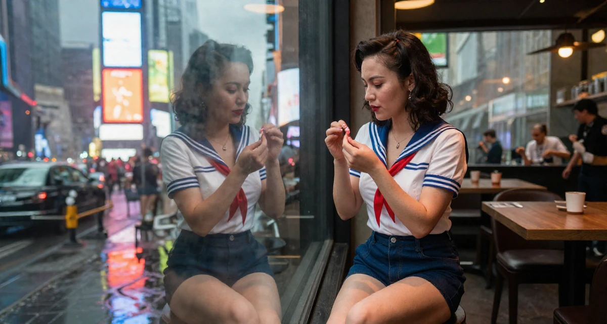 A playful Female From Nanjing China, picked up videography working backstage at events in their 47, revitalizing a marriage after twenty years, wearing a vintage pin-up sailor outfit with high-waisted shorts, inspecting fingernails in a cozy café.