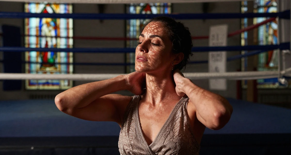 A mysterious Female From Italy, studied product design in their 35, enjoying a peak physical and mental state, wearing a elegant evening casual wear, massaging the neck in a boxing ring.